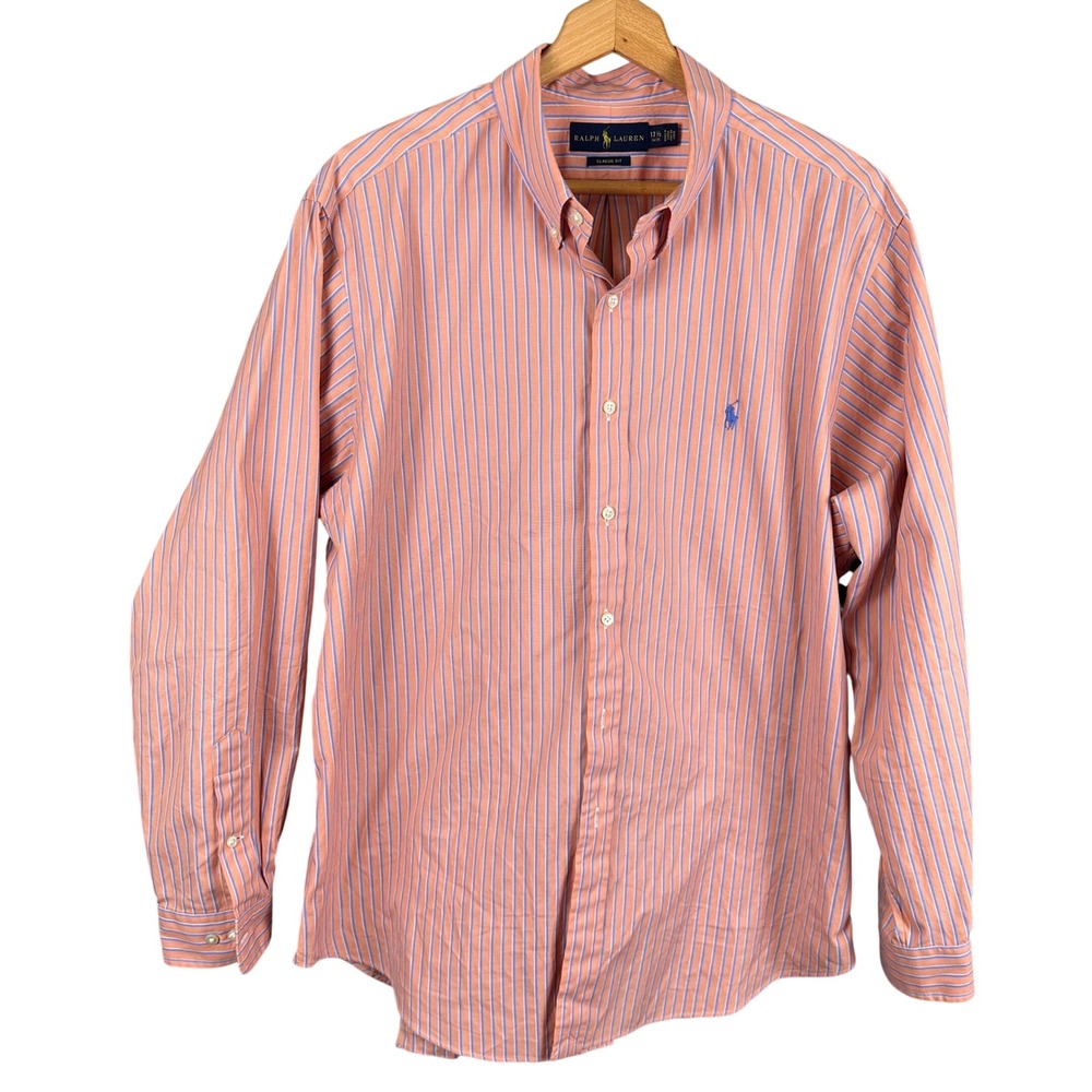 Ralph Lauren Mens Classic Fit Striped Button Down Shirt Orange Blue 17.5 34/35 - Picture 1 of 8